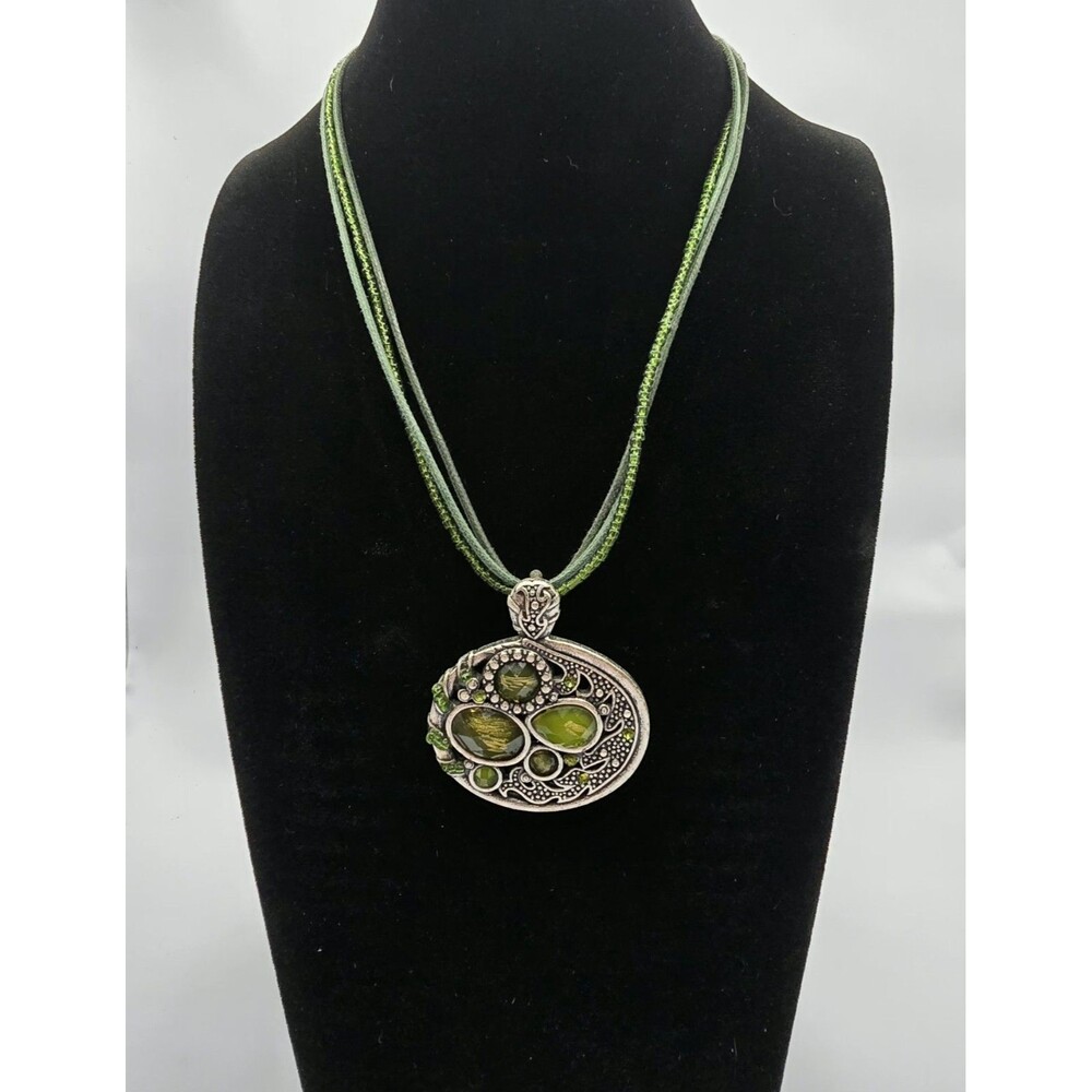 16" silver stone green necklace fashion jewelry seed bead and cord